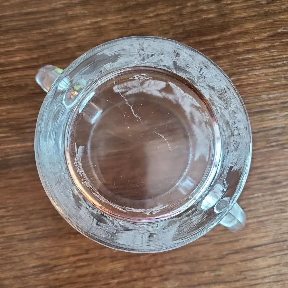 Vintage 50s Clear Glass Sugar Bowl Acid Etched With Grapes, Vine And Leaf Design